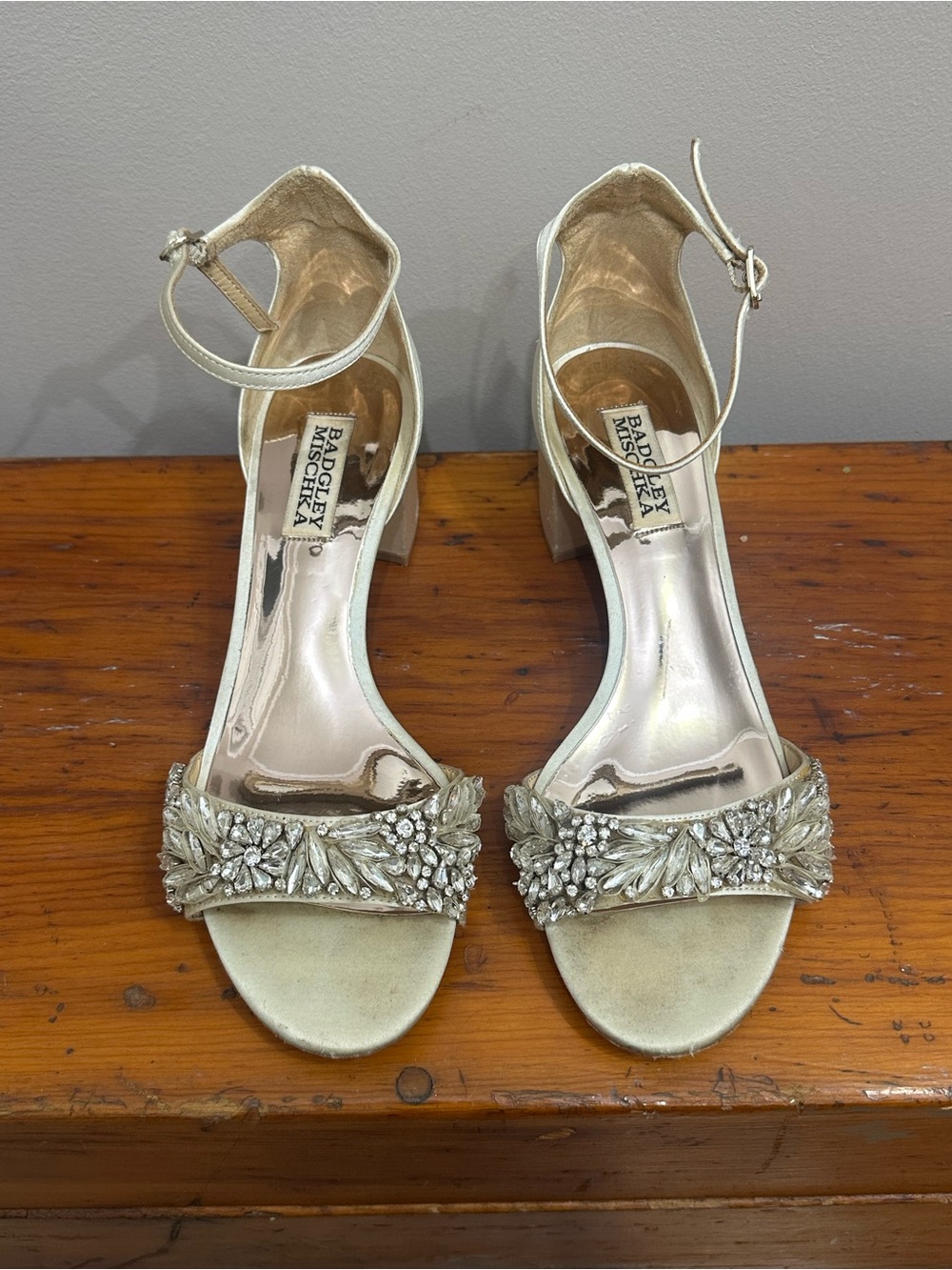 Badgley Mischka Gold Embellished Ankle-Strap Block Heels